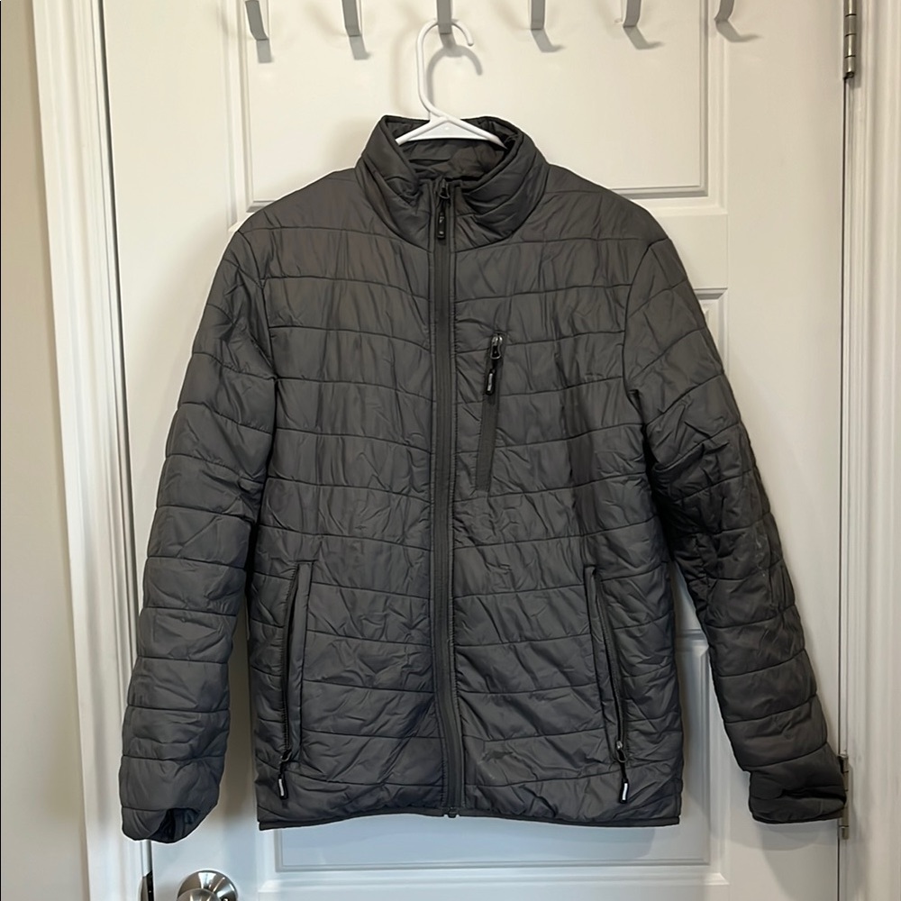Gray Quilted Puffer Jacket with Shiny Finish